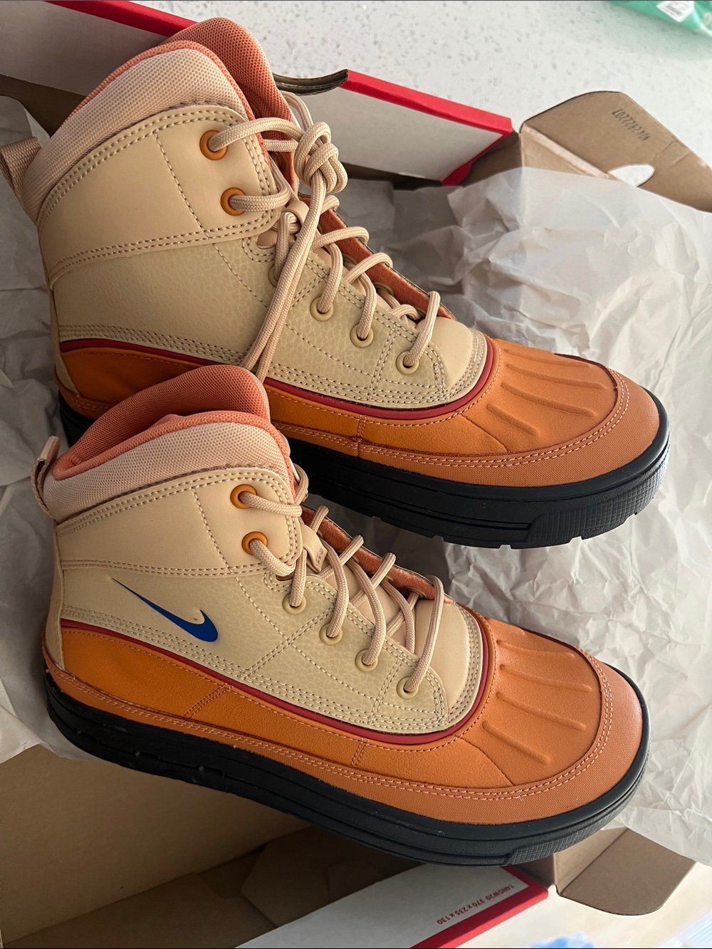 Nike Orange and Cream High-Top Duckboot Sneakers with Blue Swoosh